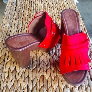Red suede clogs
